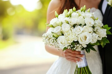 Joyful bride and groom embracing outdoors on their wedding day surrounded by lush greenery, bride holding a vibrant bouquet of white roses and greenery