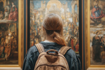 Back view portrait of an woman looking at museum renaissance style paintings in an old museum art gallery 