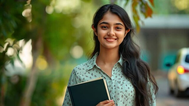 A young Indian college student holding a book while standing on campus