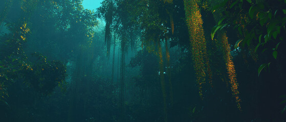 Lush jungle with dense vines and lianas enveloped in a mystical atmosphere of green hues