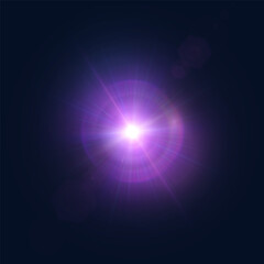Abstract purple glow. Bright explosion of light flickering rays on dark background. Luxury style for design and vector illustrations.