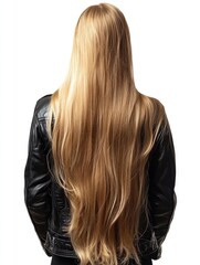 Naklejka premium Longhaired blonde woman wearing black leather jacket with flowing hair against white background, portrait shot highlighting texture and shine in hair.