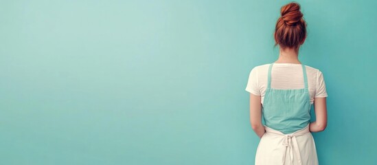 Young woman wearing an apron and holding a duster standing against a teal wall with her back turned, focused on cleaning in a domestic setting.