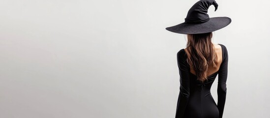Black dress and witch hat on girl facing away against white background for Halloween party theme, elegant composition with minimalistic style.