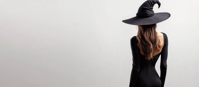 Black dress and witch hat on girl facing away against white background for Halloween party theme, elegant composition with minimalistic style.