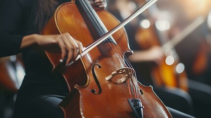 Fototapeta premium Close-up of a cellist playing in an orchestra during a classical music performance