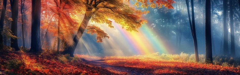 A vibrant rainbow shining over a park with scattered autumn leaves, representing the magical beauty of nature and positivity.