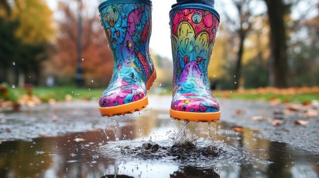 Colorful rubber rain boots of a child splashing in a rainy puddle in a park featuring autumn foliage and vibrant reflections on wet pavement. - Powered by Adobe
