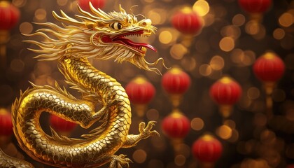 Fototapeta premium Golden dragon statue, lanterns, bokeh, celebration, Asian