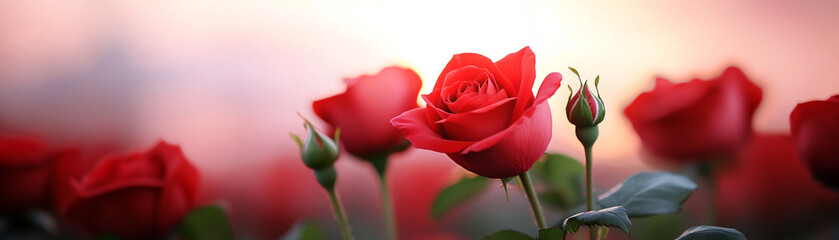 Vibrant red roses blooming in a beautiful garden at sunset, symbolizing love and beauty.