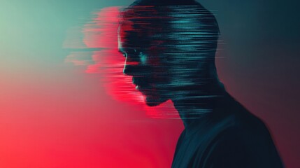 Anonymous hacker silhouette with glitch effects in vibrant red and blue tones, emphasizing cybersecurity concepts in a modern artistic setting.