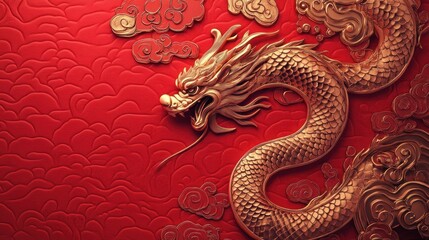 Obraz premium Golden Dragon Relief, Red Background, Asian Art, Lunar New Year