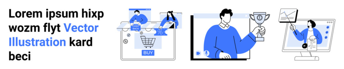 Three scenes person managing online shopping cart, individual holding a trophy, and video conferencing. Ideal for e-commerce, digital marketing, online success, remote work, virtual meetings