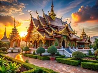 Naklejka premium Serene Chiang Rai Temple: Ancient Architecture & Peaceful Gardens Stock Photo