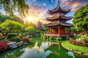 Serene Chinese Garden Pagoda Landscape Photography