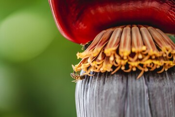 Close-up of a banana flower with bees.