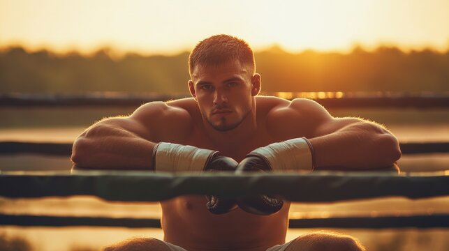 Caucasian male boxer resting in outdoor ring at sunset showcasing muscular physique, warm golden hues, dramatic lighting, profile view from low angle.