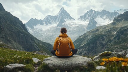 Caucasian female hiker in vibrant yellow jacket seated on stone in serene alpine landscape, mountains in background, capturing relaxation and adventure mood.