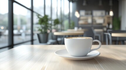 Business colleagues collaborating in a modern cafe setting with sunlight filtering through large windows, featuring a white coffee cup on a wooden table.