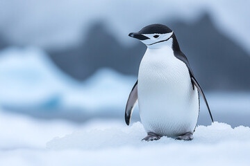 Obraz premium Chinstrap penguin standing in the snow ice in Antarctica.