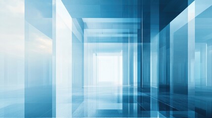 Abstract Blue Business Analytics Environment with Layered Transparent Structures, Perspective View of Modern Office Interior, Light Reflections and Shadows.