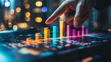 A hand pointing at a graph with a red bar. The graph is colorful and has a yellow bar