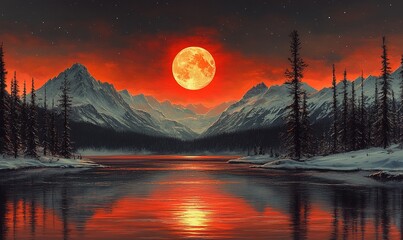 A serene landscape featuring a glowing full moon over a tranquil lake surrounded by snow-capped mountains.
