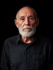 Obraz premium Elderly man with a white beard wearing a black shirt, looking directly at the camera against a solid black background, emotional expression, portrait, close-up, people, character study.