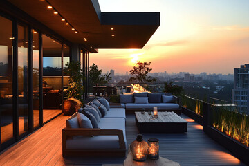 Luxurious rooftop terrace with garden, a peaceful relax zone with modern outdoor furniture overlooking a stunning urban skyline during a warm sunset