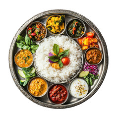 A traditional Indian Thali platter featuring a variety of curries rice vegetables and chutn