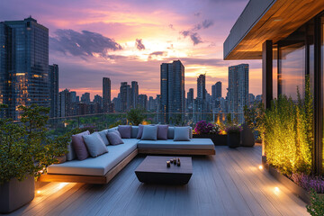Luxurious rooftop terrace with garden, a peaceful relax zone with modern outdoor furniture overlooking a stunning urban skyline during a warm sunset