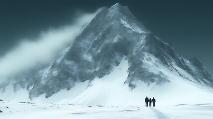 Majestic Snow-Clad Peak: Three Figures Journey Through a Serene, Misty Landscape