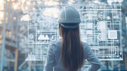 Engineer woman in hardhat viewed from behind, standing outdoors in front of a digital interface displaying architectural sketches and designs, technology, construction, innovation.