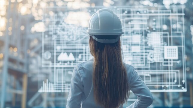 Engineer woman in hardhat viewed from behind, standing outdoors in front of a digital interface displaying architectural sketches and designs, technology, construction, innovation.