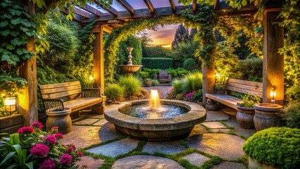Serene Garden Oasis: Low Light Stone Fountain, Wooden Benches & Pergola Stock Photo
