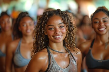 Obraz premium Group of young female dancers are smiling and posing for a photo. The scene is fun and friendly
