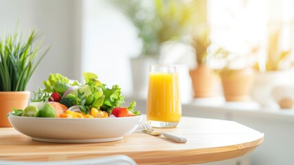 A vibrant salad with fresh vegetables and a refreshing glass of juice, set on a wooden table in a bright, sunlit environment.