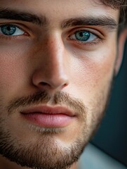 Obraz premium Close-up portrait of a young man with striking blue eyes and well-groomed beard against a dark blurred background with ample copyspace for text.