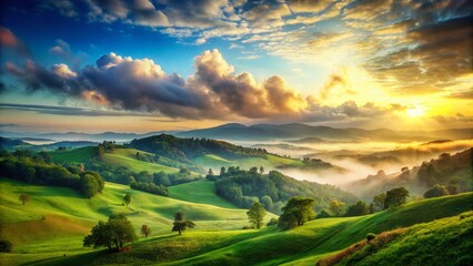 Serene Green Hillscape: Double Exposure of Rolling Hills and Bright Sky