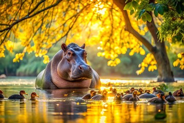 Fototapeta premium Serene Hippo & Ducks: Wildlife Harmony in a Tranquil Water Setting
