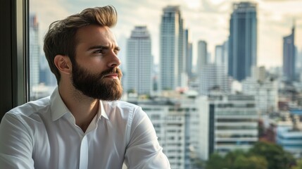 Fototapeta premium Young bearded businessman in white shirt gazing thoughtfully over Bangkok skyline at sunset, urban cityscape with modern buildings in background.