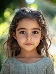 Serene close-up portrait of a young girl with long wavy hair, natural sunlight highlighting her features, set against a vibrant green outdoor background in Izmir, Turkey.