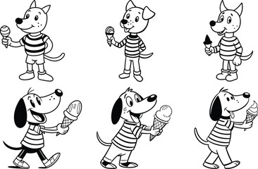 A cartoon dog with ice cream set silhouette vector illustration A cartoon dog line art vector