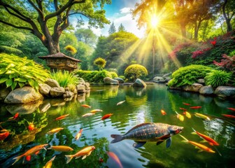 Fototapeta premium Serene Koi Pond and Tortoise in Park - Peaceful Nature Scene