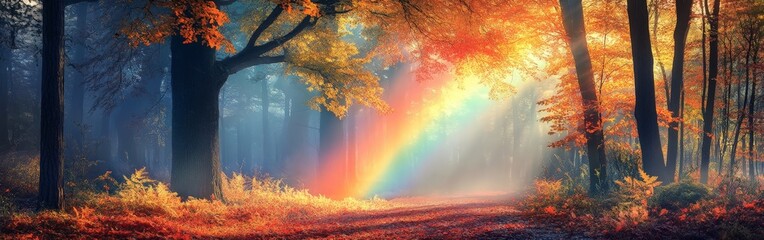 A vibrant rainbow shining over a park with scattered autumn leaves, representing the magical beauty of nature and positivity.