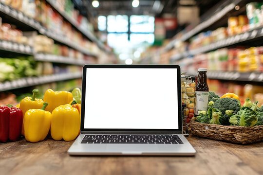 Blank laptop screen on wooden table on supermarket or grocery shop, blurred store background. Mockup, template for your text. White background on device screen for text or logo.