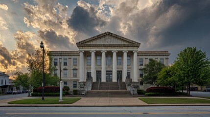 Dramatic courthouse exterior featuring towering stone columns and grand architecture, symbolizing justice, authority, and the importance of legal proceedings in society.