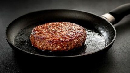 Sizzling burger patty cooking in a black non-stick skillet with golden brown edges, close-up shot in a professional kitchen setting.