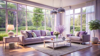 Serene Lavender Living Room: Minimalist Design, Natural Light, Modern Interior
