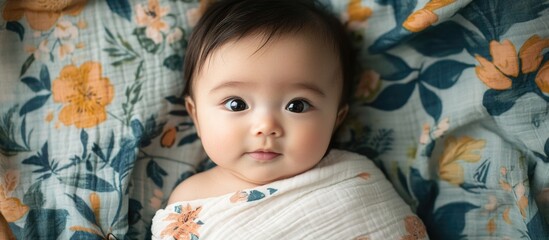 Asian newborn baby swaddled in soft fabric lying on floral patterned crib sheet with vibrant colors, captured in natural soft light from above.